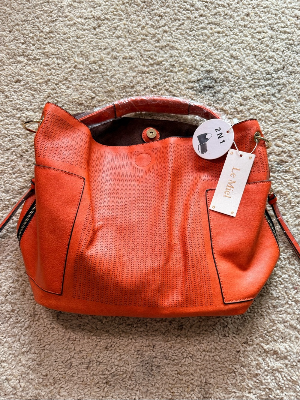 Le Miel Women's Orange 2-in-1 Perforated Shoulder Bag & Pouch Set NWT